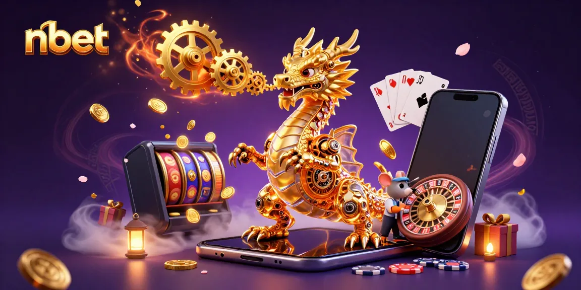 Engage with the vibrant 3D scene featuring nbet, a golden dragon exhaling gears amidst dynamic casino elements.
