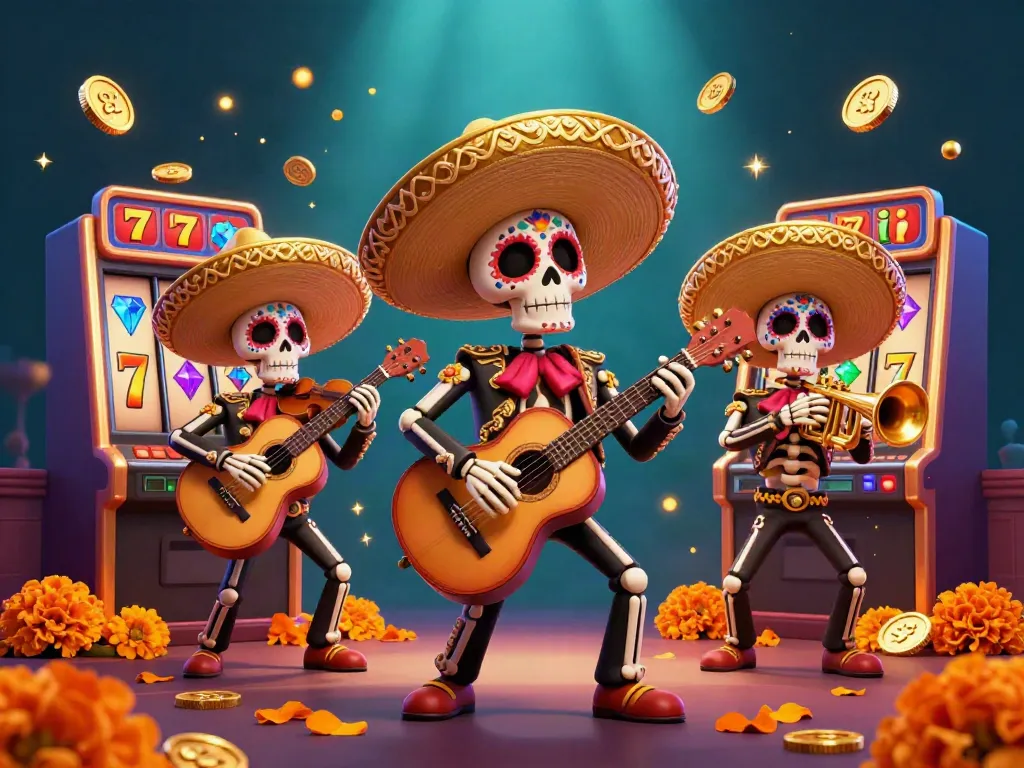 Balislot players enjoying vibrant Day of the Dead themed slots with skeleton mariachi band.