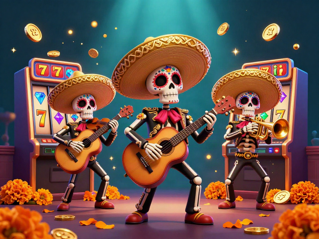 Balislot players enjoying vibrant Day of the Dead themed slots with skeleton mariachi band.