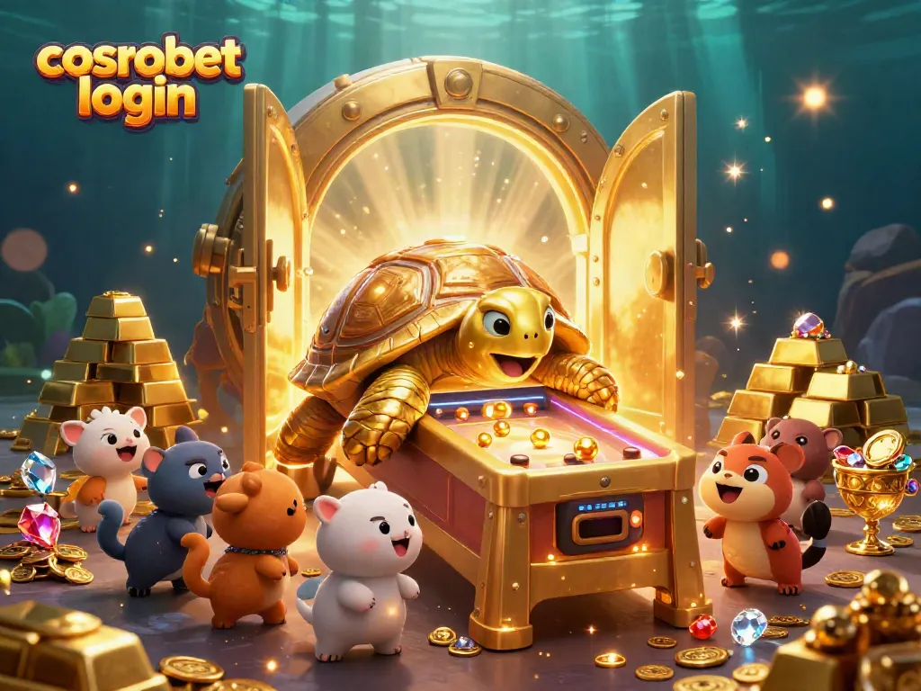 Experience the excitement of cosmobet login with a golden tortoise pinball machine and treasures.
