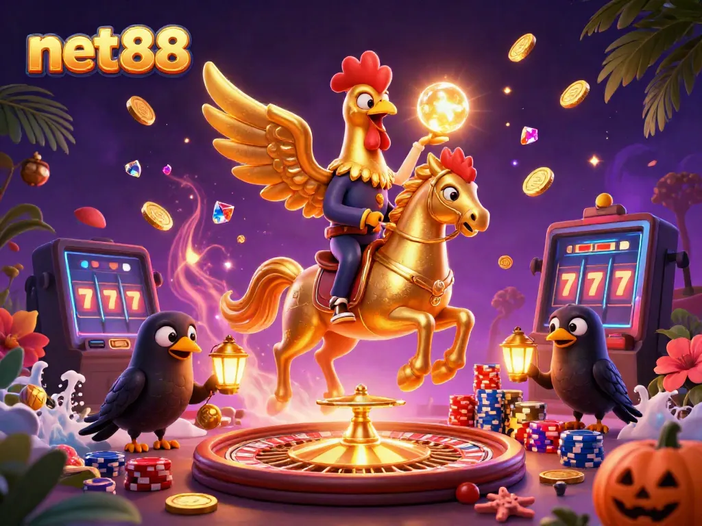 Experience thrilling gameplay at net88, where a majestic golden rooster leads a night in a vibrant casino.