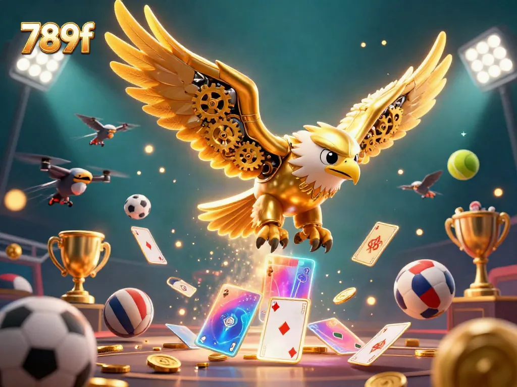 Engage in thrilling games at 789f with a dynamic scene of a cybernetic eagle among holographic cards and sports elements.