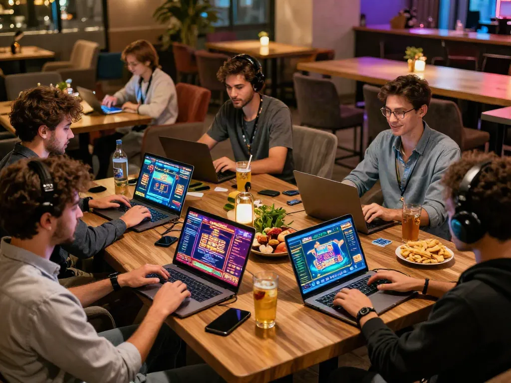Players enjoying games at non UK casinos in a lively lounge