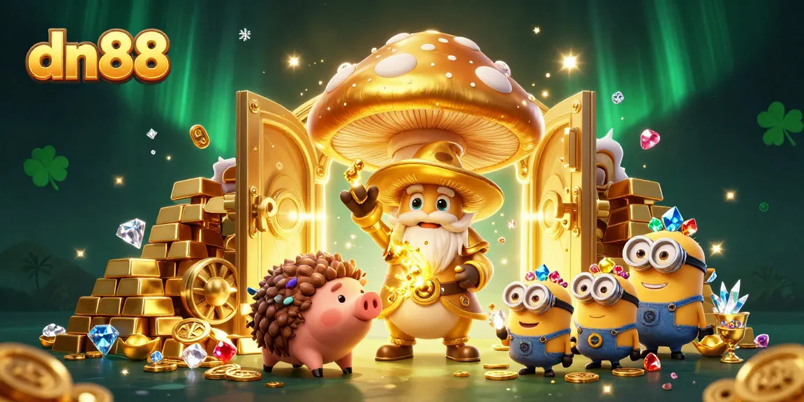 Experience the excitement of dn88 with golden treasures and magical characters in a vibrant casino scene.
