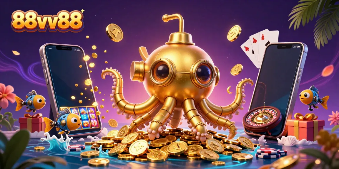 Engage in dynamic casino gaming with 88vv88 amidst a wealth of golden coins and animated characters.