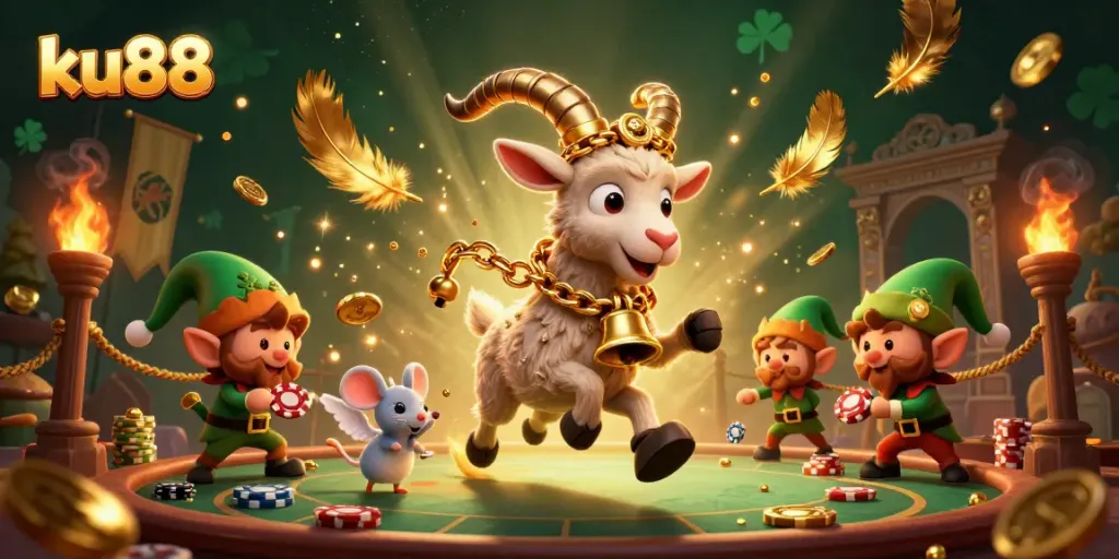 Experience thrilling action at ku88 casino with cartoon characters in a festive scene.