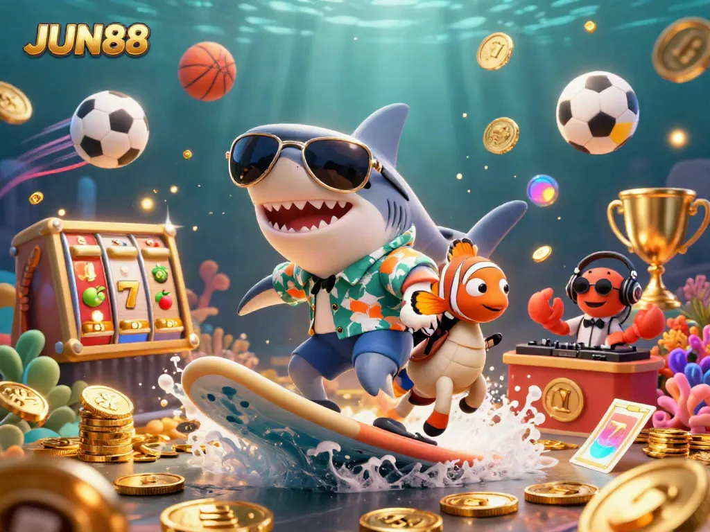 Experience thrilling online gaming at JUN88 with 3D illustrations of fun casino characters and vibrant game imagery.