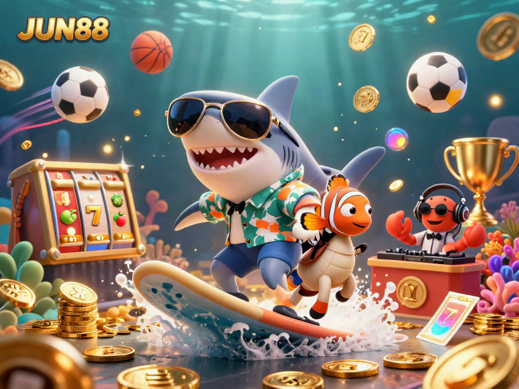 Experience thrilling online gaming at JUN88 with 3D illustrations of fun casino characters and vibrant game imagery.