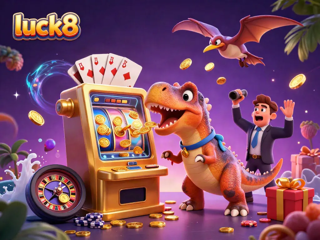 Luck8 showcases dynamic casino action with a pachycephalosaurus at a slot machine, winning coins.