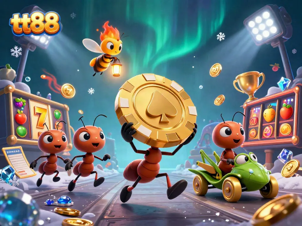 Join the fun at tt88 as ants steal golden chips in a vibrant casino heist scene.
