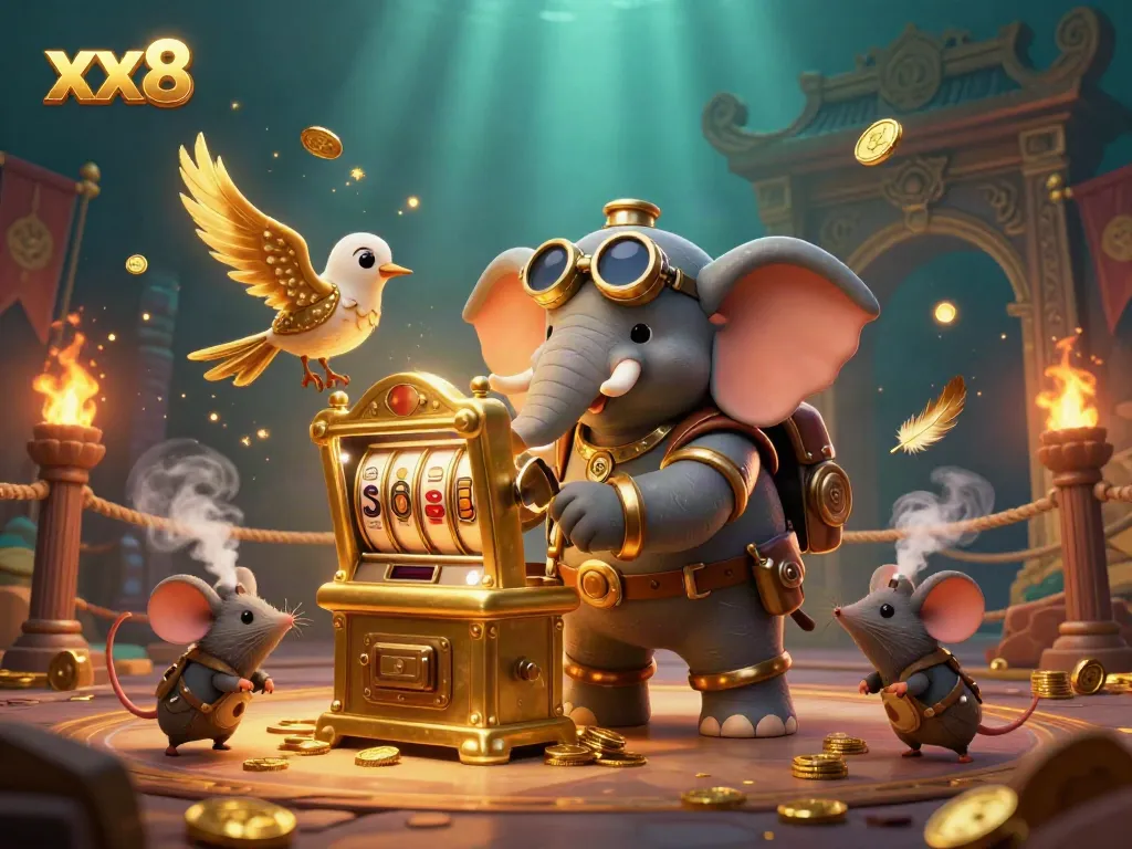 Experience the excitement of xx8's dynamic casino scene with a steampunk elephant and golden slot machine.