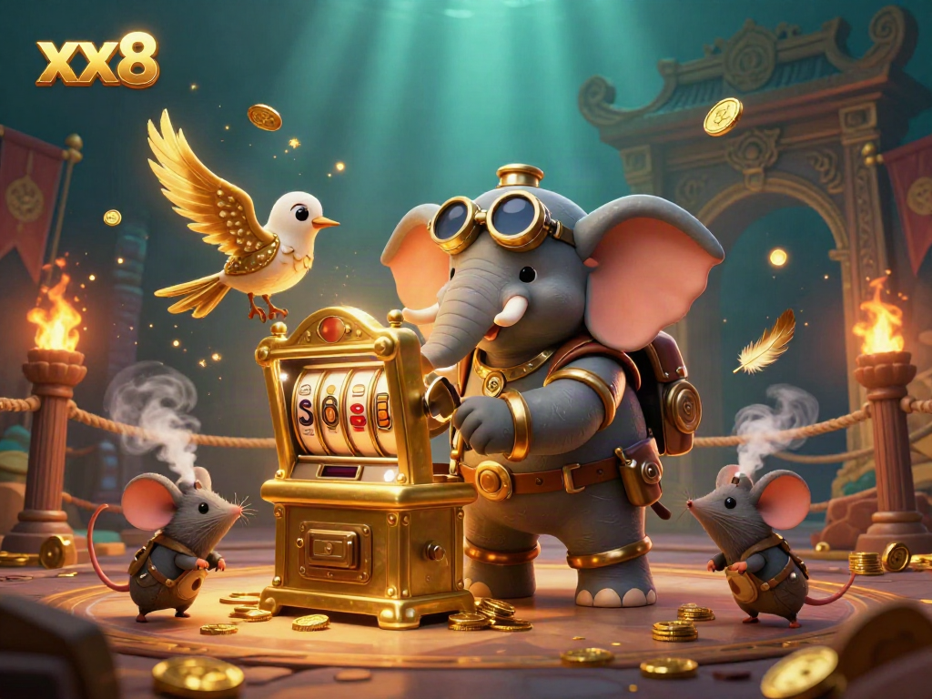 Experience the excitement of xx8's dynamic casino scene with a steampunk elephant and golden slot machine.