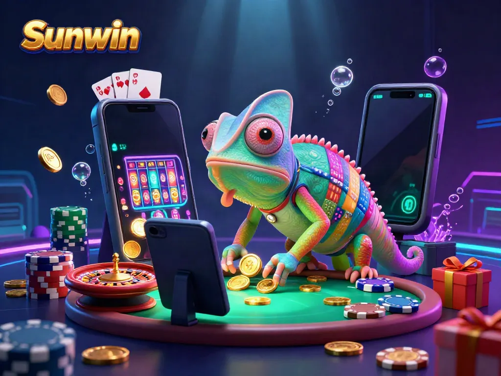 Spin and win at Sunwin with this vibrant casino scene featuring a chameleon and gaming elements.