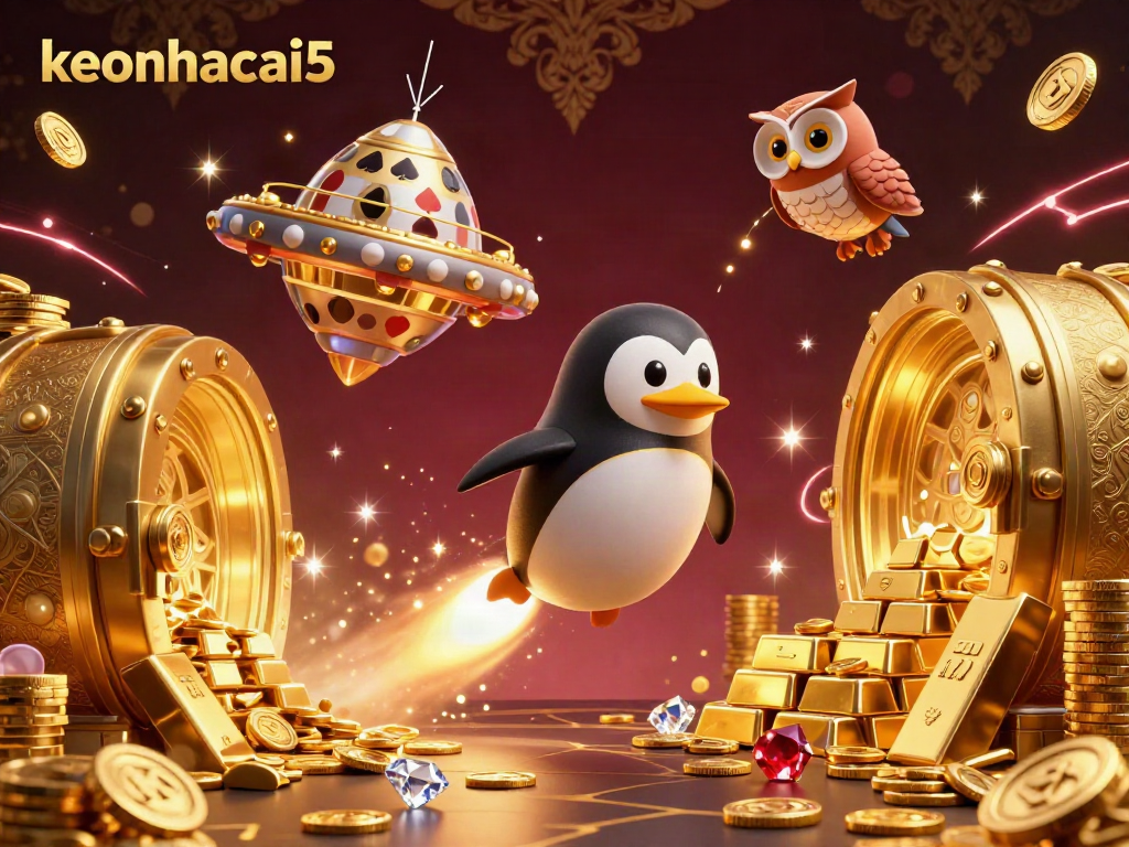 Catch the excitement of keonhacai5 with a golden penguin soaring towards a casino space station, surrounded by treasures.