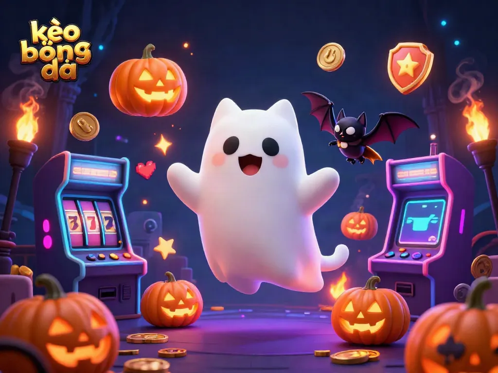 Engage in thrilling kèo bóng đá with a ghostly cat and vampire bat in a haunted casino scene.