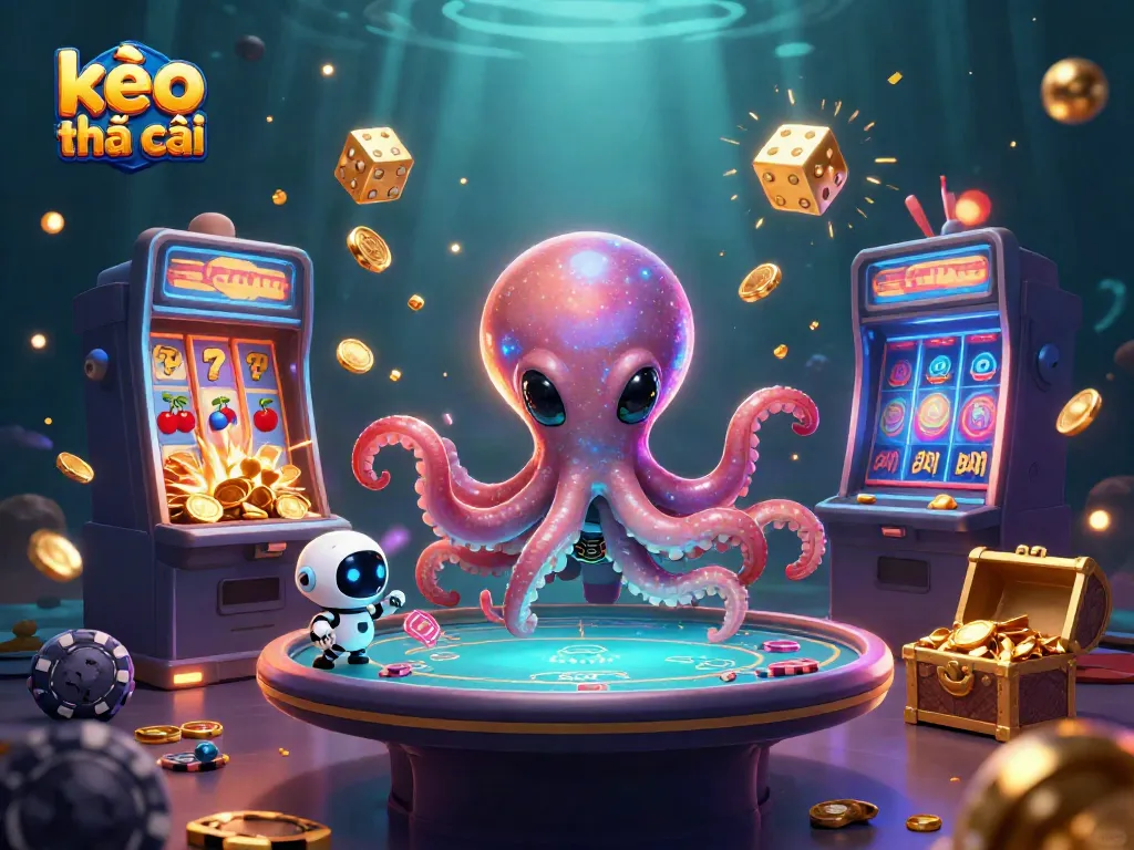 Experience exciting kèo nhà cái action with a cartoon alien octopus and a tiny robot at a vibrant poker table.