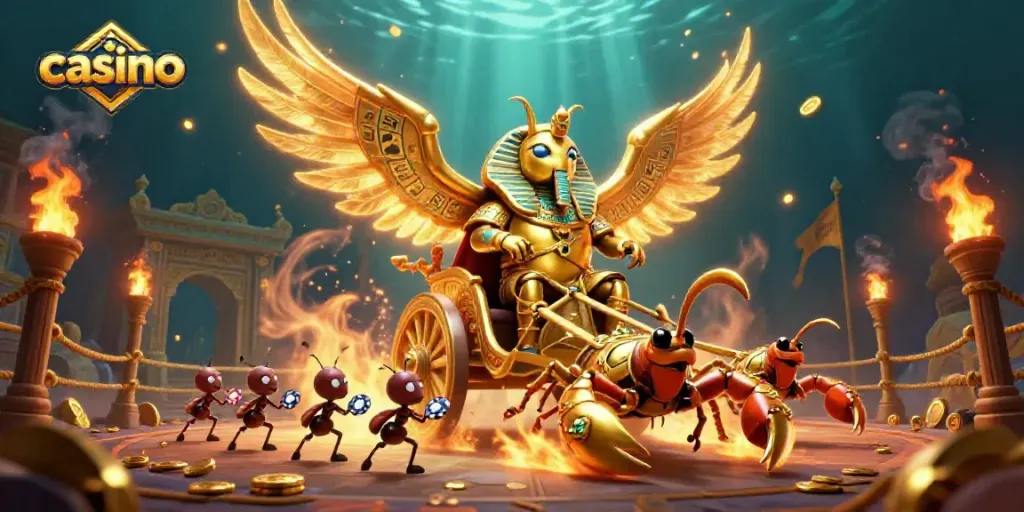 Experience casino excitement with a colossal scarab beetle in a vibrant scene of gambling action.