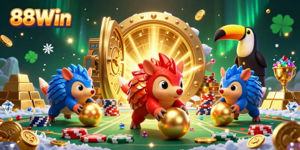 Experience the vibrant excitement of 88Win with dynamic pangolins in a casino-themed showdown.