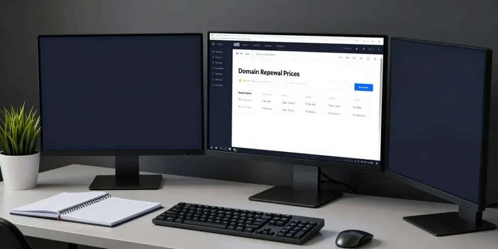 UK domain renewal prices displayed on screens in a professional tech workspace.