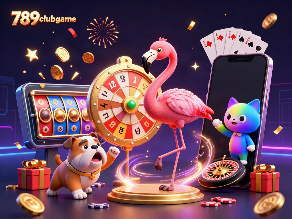 Join the fun at 789clubgame with exciting prize-winning moments featuring a flamingo host and bulldog contestant!