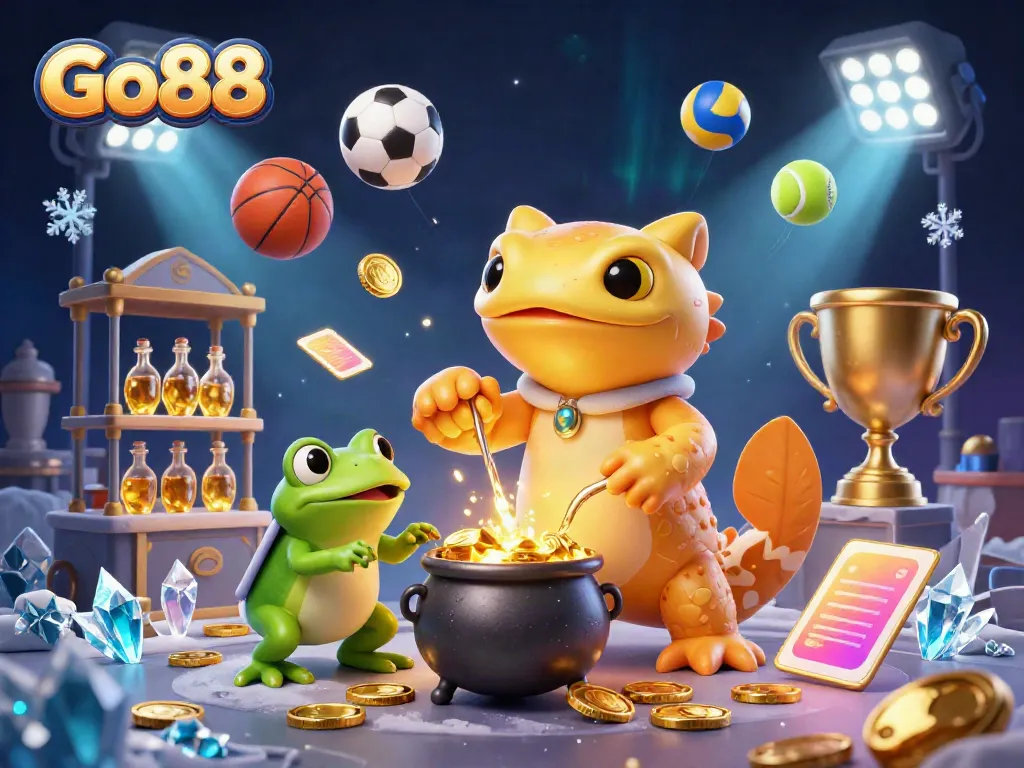 Experience Go88 with gold coins and sports elements in a stunning illustrated casino scene