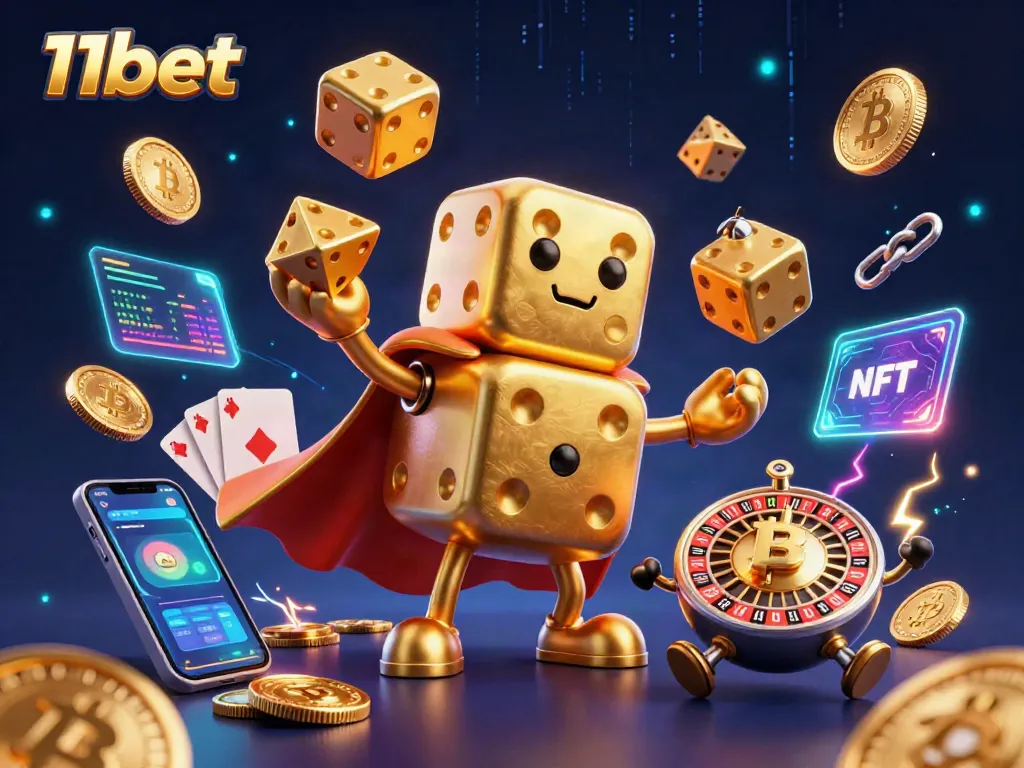 Engage with 11bet's thrilling experience through a dynamic 3D casino illustration featuring golden dice and cryptocurrency elements.