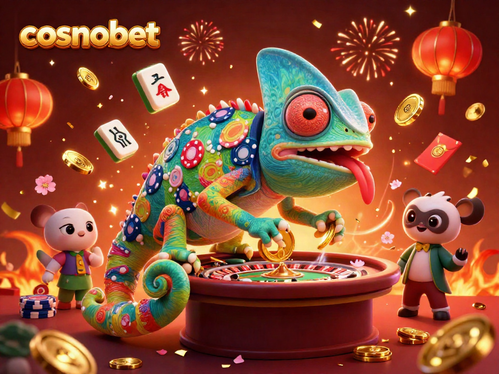 Engaging Cosmobet casino chameleon owner surrounded by vibrant gaming elements and festive decorations.