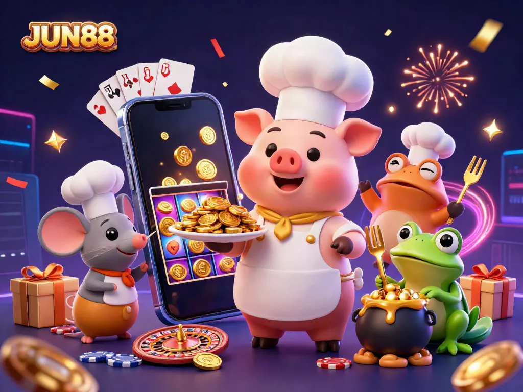 Experience the excitement of JUN88 with a chef pig serving gold coins in a vibrant casino atmosphere.
