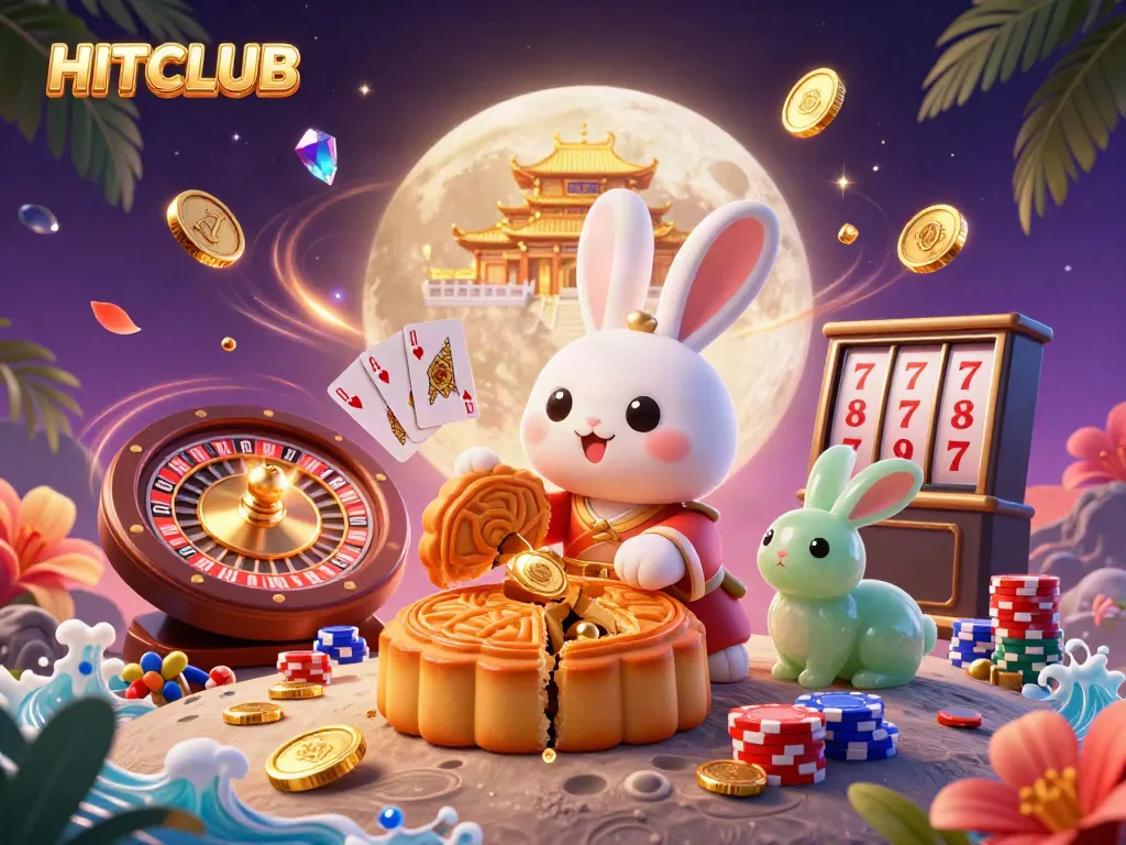 Engage with HITCLUB's vibrant gambling world featuring a moon rabbit and slot machines.