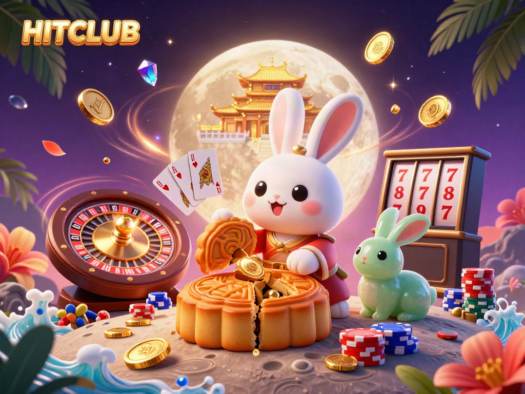 Engage with HITCLUB's vibrant gambling world featuring a moon rabbit and slot machines.