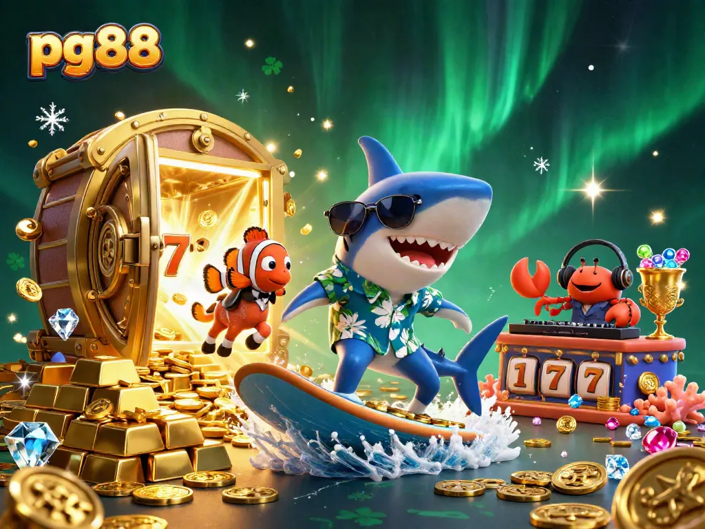 Experience excitement at pg88 with a 3D shark surfing on gold coins, immersed in a thrilling casino atmosphere.