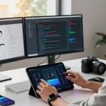 Innovative workspace showcasing a tech enthusiast using smart glasses while testing AR applications on a tablet amidst modern gadgets and dual monitors.
