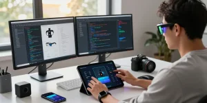Innovative workspace showcasing a tech enthusiast using smart glasses while testing AR applications on a tablet amidst modern gadgets and dual monitors.