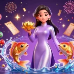 Immerse in ดูหนังออนไลน์ with lottery excitement, featuring an elegant woman and golden koi fish.