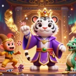 Experience exciting gaming at xin 88 with a dynamic illustration of a regal tiger and golden monkey in a casino-themed setting.