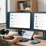 Professionals using WhatsApp電腦版 at a modern workspace with dual monitors and tech gadgets
