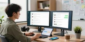 Professionals using WhatsApp電腦版 at a modern workspace with dual monitors and tech gadgets