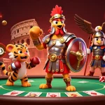 Bongdaso gaming scene with a gladiator rooster, tiger cub sparring, and casino elements.