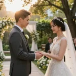 Bridal couple exchanging vows with white gold wedding jewellery in beautiful garden setting.