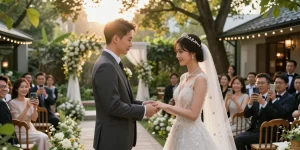 Bridal couple exchanging vows with white gold wedding jewellery in beautiful garden setting.