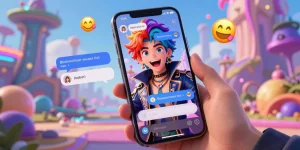 Engaging hentai ai chat interaction with a vibrant animated character and modern smartphone interface.