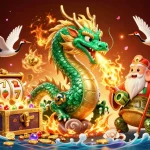 Engage with sunwin365's thrilling slot experience featuring dragons, treasure, and magic in a vibrant casino scene.