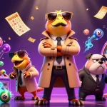 Experience the thrill of winning at mat's gambling paradise with colorful elements and playful characters.