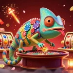 Engage in thrilling gameplay at 32win11 with a cartoon chameleon casino owner and lively slot reels.