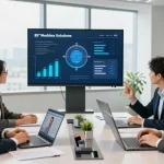 Team of professionals collaborating on the best mobile phone business solutions in a modern office setting.