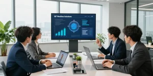 Team of professionals collaborating on the best mobile phone business solutions in a modern office setting.