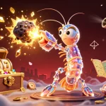 Engage in thrilling gameplay at rikvip98 com, featuring a galactic mantis shrimp amidst an explosion of gems and coins.