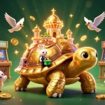 Nohuwin showcases a vibrant casino scene with a golden tortoise and rabbit dealer, captivating players.