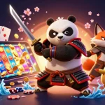 Engage with nhà cái uy tín through a vibrant 3D digital illustration showcasing a samurai panda and ninja fox in a casino setting.