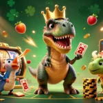Sao 789 offers a thrilling casino experience with a decorated T-Rex shuffling cards and exciting slot elements.